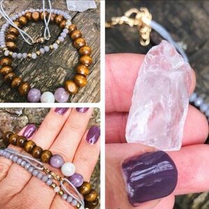 Spirit Stone Bracelet Set Purple Aventurine & Wood Beads &  Crystal Quartz